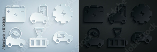 Set Battery charge, Gear and lightning, Eco car, Electric, and Car battery icon. Vector