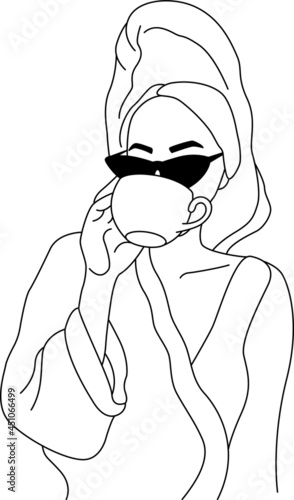 Woman in towel silhouette. Girl in sunglasses with a cup of coffee. Minimalistic vector art. Black and white. White background. Line drawing.