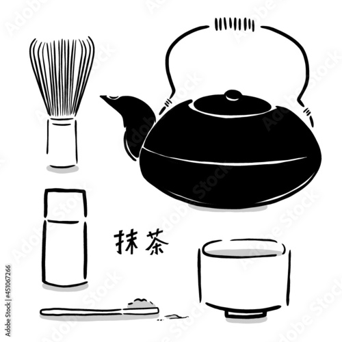 Japanese food illustration. Hand drawn sketch. Japanese cuisine. Vector illustration of Japanese matcha and tea cup set. Menu design elements. Isolated objects.  © Mizuho Call