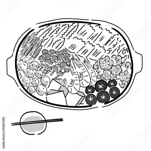 Japanese food illustration. Hand drawn sketch. Japanese cuisine. Vector illustration of Japanese Nabe Hot Pot. Menu design elements. Isolated objects. 