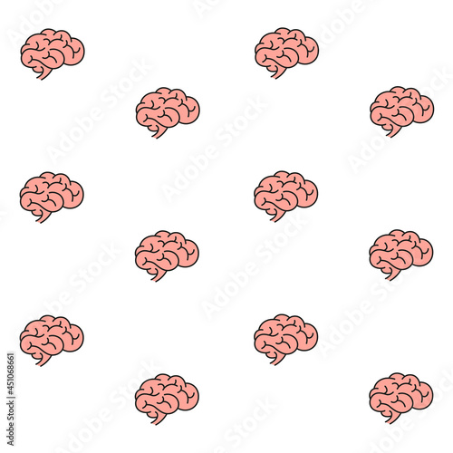 Seamless vector pattern of pink brain on a light gray background, hand-drawn.
