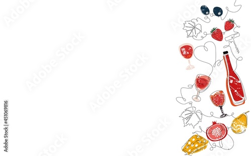 Vector Background with Wine. Border with Continuous line Drawing Bottles, Gla...