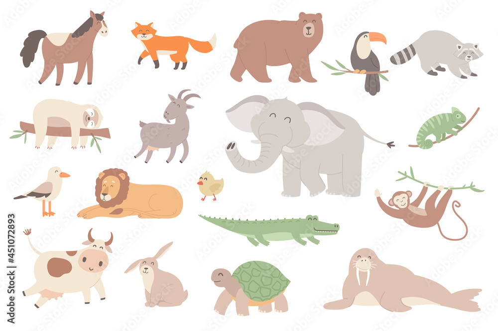Fototapeta premium Cute animal isolated objects set. Collection of horse, fox, bear, toucan, raccoon, sloth, elephant, monkey and lion, rabbit, turtle, walrus. Vector illustration of design elements in flat cartoon