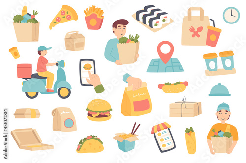 Food delivery isolated objects set. Collection of courier, customer with grocery bag, pizza, hamburger, sushi, coffee, mobile app and tracking. Vector illustration of design elements in flat cartoon