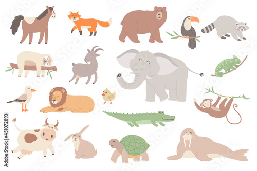 Cute animal isolated objects set. Collection of horse, fox, bear, toucan, raccoon, sloth, elephant, monkey and lion, rabbit, turtle, walrus. Vector illustration of design elements in flat cartoon