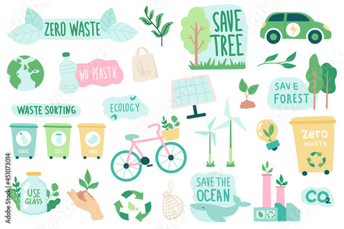 Ecology and zero waste isolated objects set. Collection of eco friendly quotes, green renewable energy, waste sorting, transport and industry. Vector illustration of design elements in flat cartoon