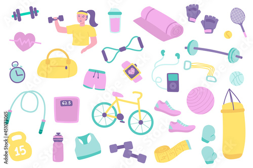 Fitness isolated objects set. Collection of woman exercising with dumbbells, gym equipment, bag, sports uniform, music, barbell, bicycle, ball. Vector illustration of design elements in flat cartoon