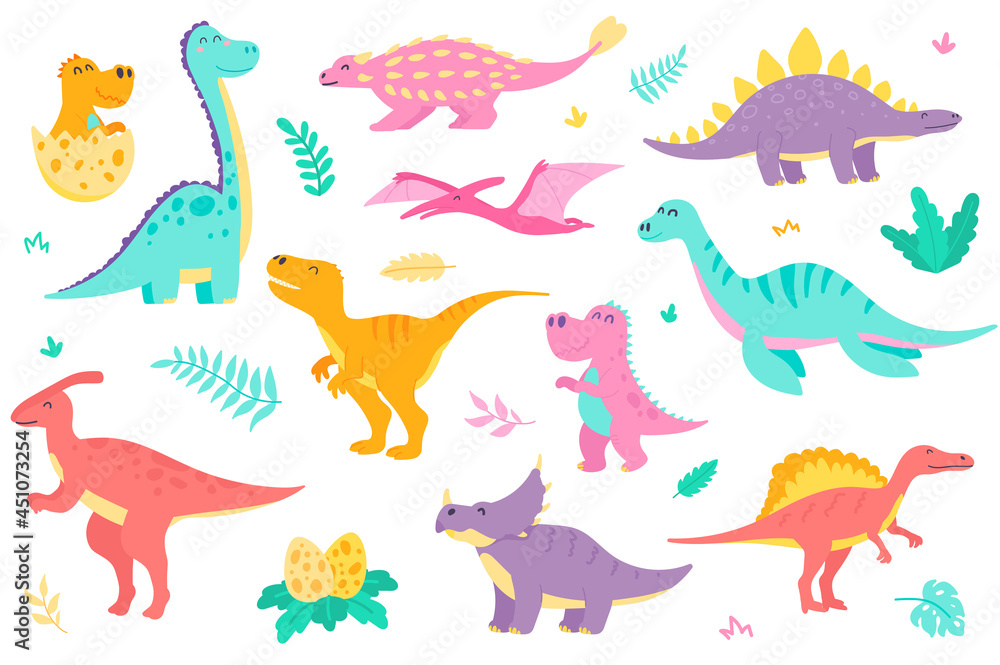 Naklejka Cute dinosaurs isolated objects set. Collection of different types of colorful dinosaurs, dino baby in egg. Funny prehistoric jurassic reptiles. Vector illustration of design elements in flat cartoon