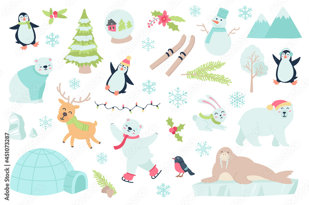Fototapeta premium Winter time and animal isolated objects set. Collection of penguin, reindeer polar, bear, snowflake, snowman, mountains, garland, bird, rabbit. Vector illustration of design elements in flat cartoon