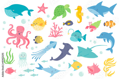 Underwater animal and fishes isolated objects set. Collection of whale, starfish, turtle, seahorse, shark, octopus, jellyfish, dolphin, coral. Vector illustration of design elements in flat cartoon