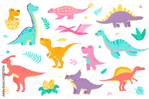 Cute dinosaurs isolated objects set. Collection of different types of colorful dinosaurs, dino baby in egg. Funny prehistoric jurassic reptiles. Vector illustration of design elements in flat cartoon