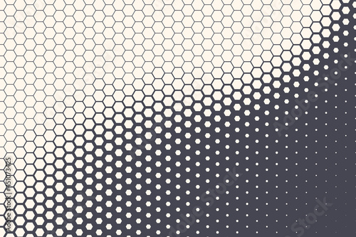 Halftone Hexagonal Pattern Texture Vector Abstract Geometric Technology Background. Retro Colored Half Tone Hexagon Texture. Minimal Style Dynamic Tech Wallpaper