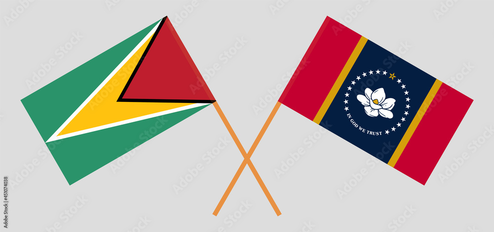 Crossed flags of Guyana and the State of Mississippi. Official colors. Correct proportion Crossed flags of Guyana and the State of Mississippi. Official colors. Correct proportion