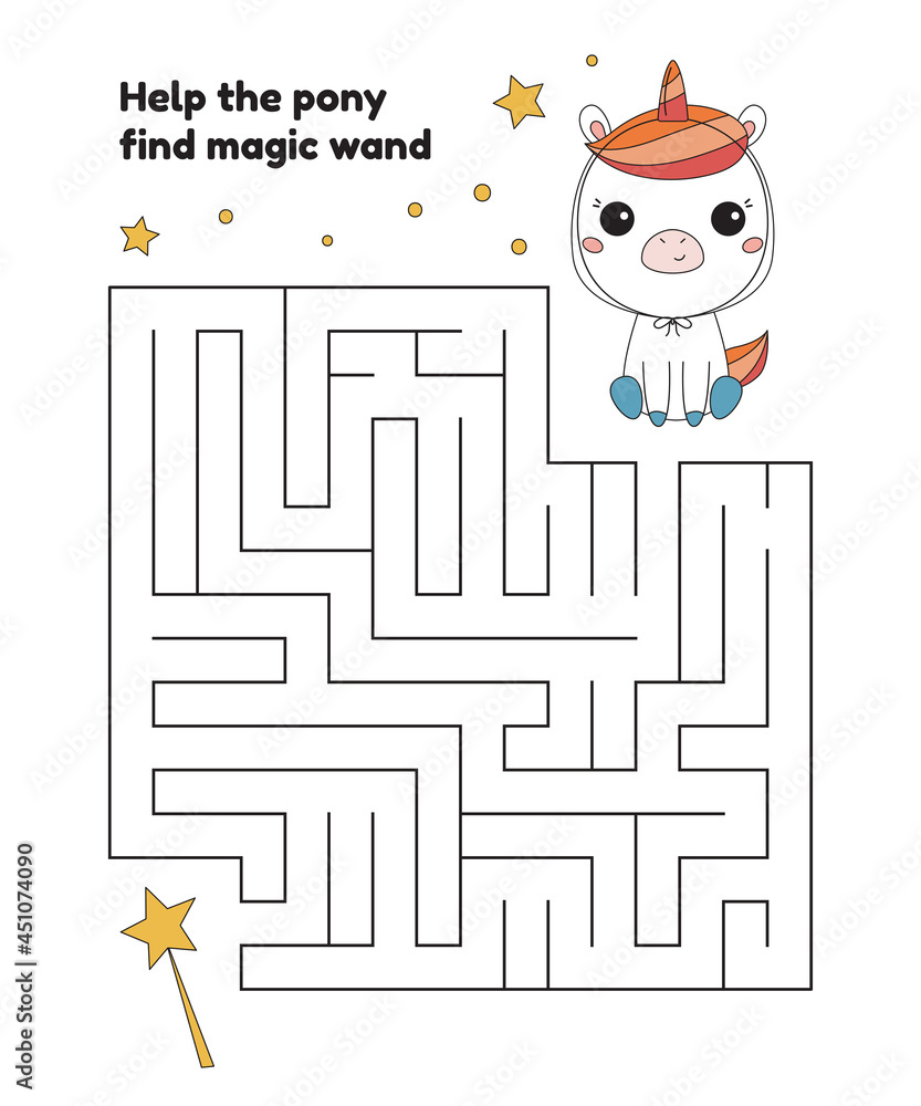 maze game for children cute cartoon pony in unicorn costume kawaii animals printable worksheet for halloween party vector illustration stock vector adobe stock