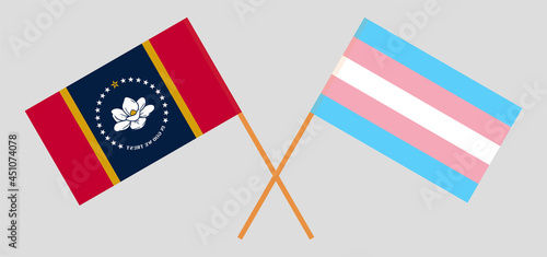 Crossed flags of the State of Mississippi and transgender pride. Official colors. Correct proportion