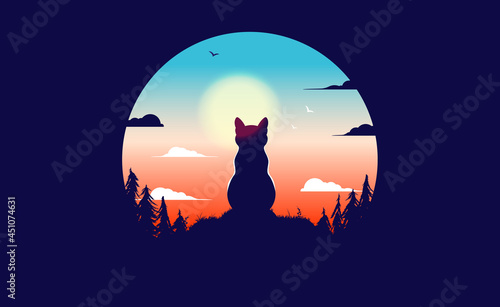 Cat sitting and relaxing outdoors - Calm animal on hilltop contemplating and watching sunset. Cat life concept, vector illustration with oval frame