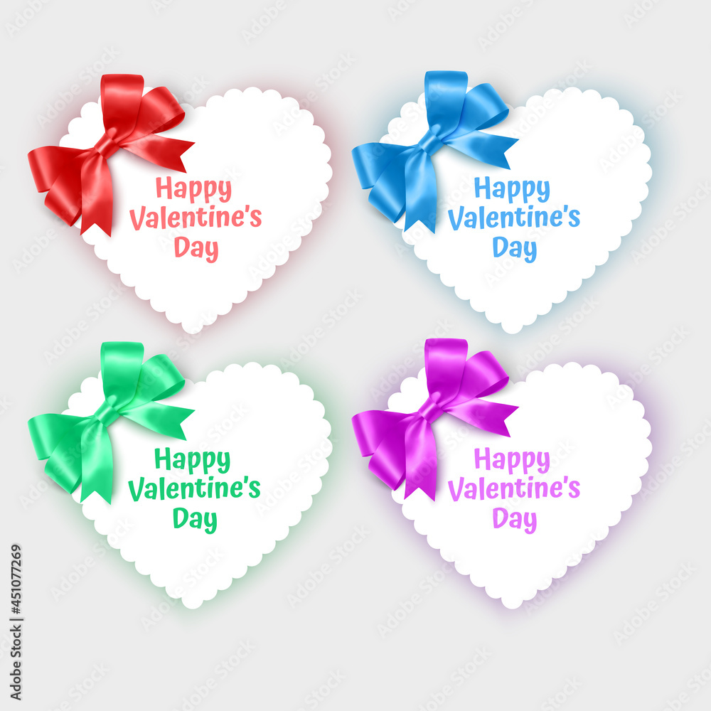 Set of valentine's day cards in the shape of a heart decorated with realistic bows of bright colors, Vector illustration Set of valentine's day cards in the shape of a heart decorated with realistic bows of bright colors, Vector illustration