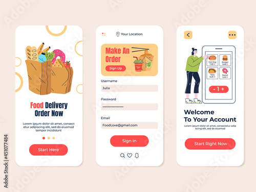 Food grocery delivery shop cafe searching mobile app vector flat modern design