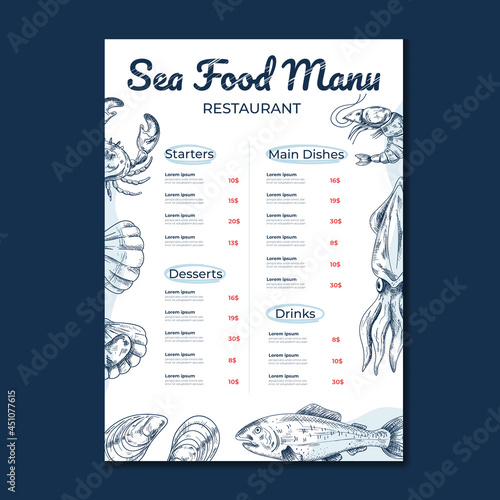Seafood main menu template mock for cafe and restaurant design for print