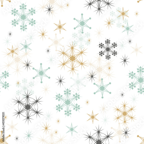 Simple Christmas seamless background with geometric motifs. Multi-colored snowflakes in pastel colors with different ornaments. Collection of retro textiles on white background for winter decor