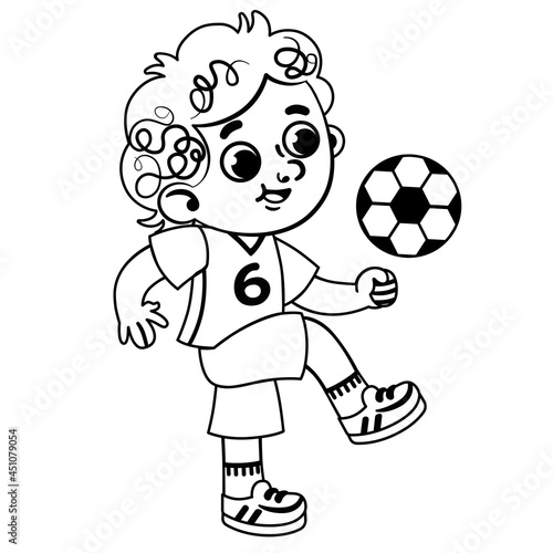 Black and white little boy in sports wear is playing with a soccer ball. 