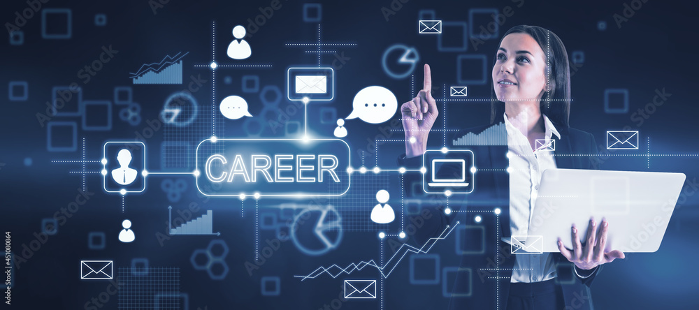 Obraz premium Businesswoman using laptop with creative business sketch with charts and graphs on blue background. Career, success, training, technology, communication, finance and solution concept.