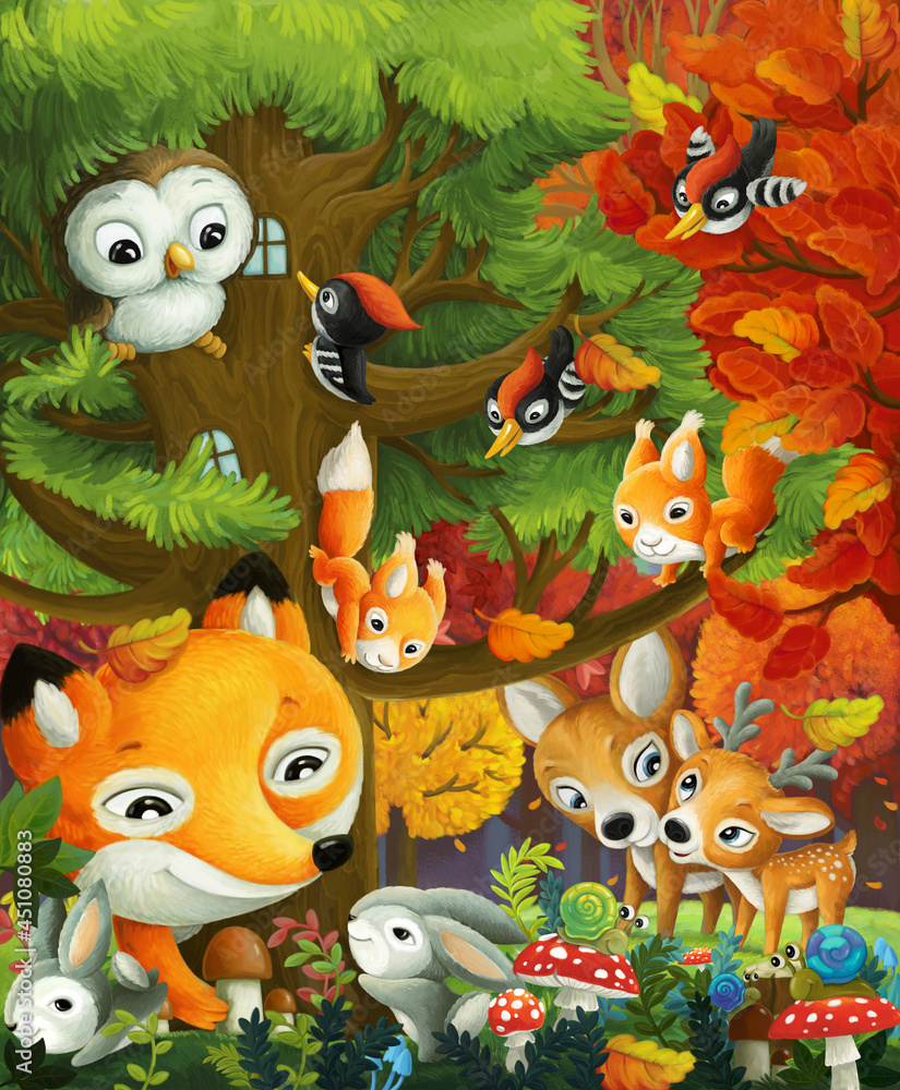 cartoon scene with friends animals in the forest deers fox owl woodpecker illustration cartoon scene with friends animals in the forest deers fox owl woodpecker illustration