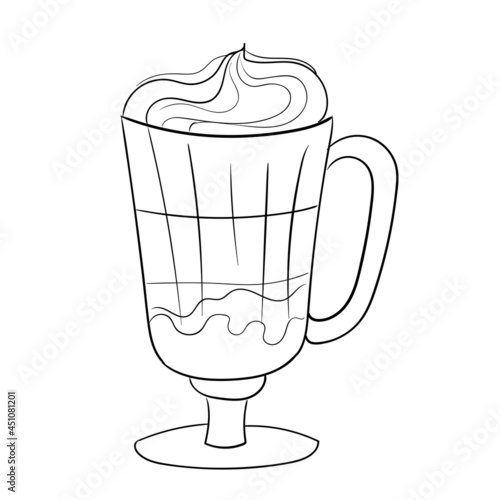 Glass cup with lat. Coffee drink. Grain coffee, Natural drink made from beans. Vector illustration isolated on white background.