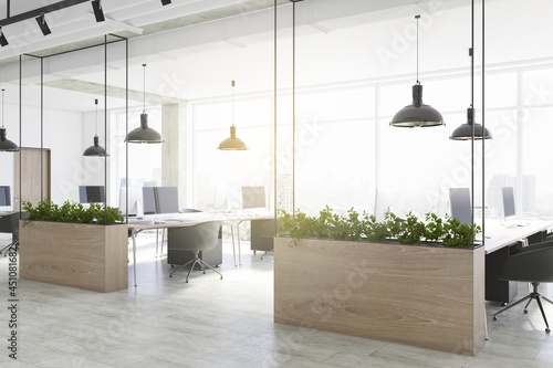 Modern coworking office interior with plants in decorative wooden planters, window with city view, furniture, equipment and daylight. 3D Rendering.