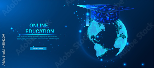 Digital vector illustration. A low-poly frame online educational blue background or an open-world concept. Online training or courses. Online Education In The Digital Classroom.