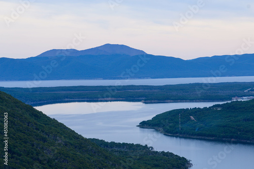 Lapataia bay landscape, Tierra del Fuego. Landscape of the Atlantic Ocean in Ushuaia, Argentina landmark.