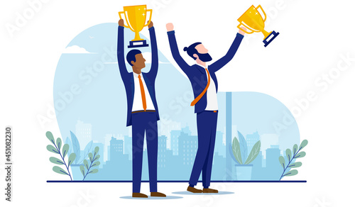 Two businessmen winning - Businessman and colleague holding trophy in hand, cheering and having success. Vector illustration with white background