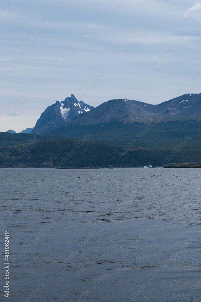 Lapataia bay landscape, Tierra del Fuego. Landscape of the Atlantic Ocean in Ushuaia, Argentina landmark. Lapataia bay landscape, Tierra del Fuego. Landscape of the Atlantic Ocean in Ushuaia, Argentina landmark.