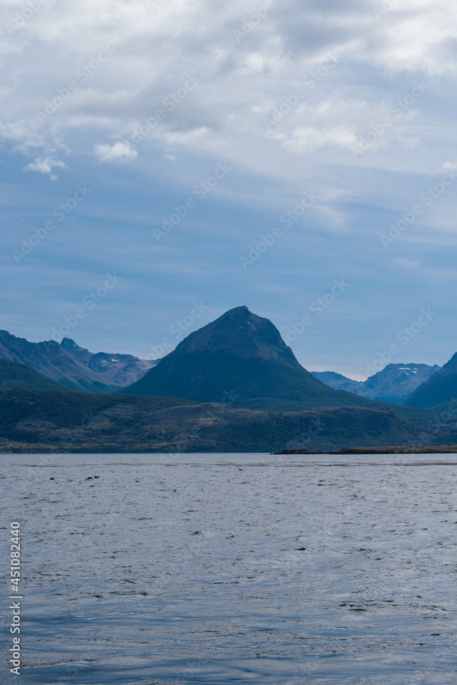 Lapataia bay landscape, Tierra del Fuego. Landscape of the Atlantic Ocean in Ushuaia, Argentina landmark. Lapataia bay landscape, Tierra del Fuego. Landscape of the Atlantic Ocean in Ushuaia, Argentina landmark.