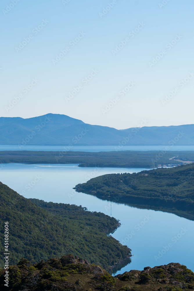 Lapataia bay landscape, Tierra del Fuego. Landscape of the Atlantic Ocean in Ushuaia, Argentina landmark. Lapataia bay landscape, Tierra del Fuego. Landscape of the Atlantic Ocean in Ushuaia, Argentina landmark.