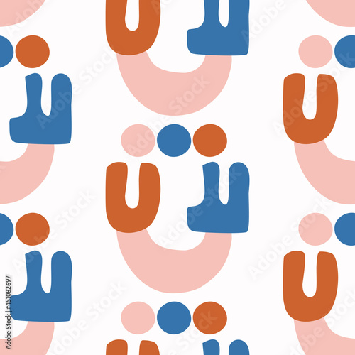 Abstract playful color style cut out shape pattern. Seamless modern simple lino cut style design for retro kids all over print. Trendy geometric home decor, kid fashion, wallpaper in vector repeat. 