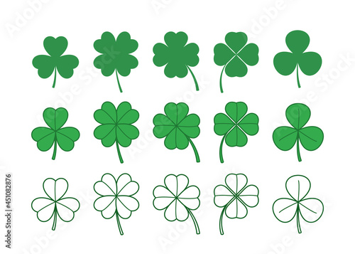 Set of four and three leaf clovers. Clover leaves collection.