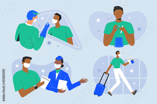PCR test for travellers, tourist tested for coronavirus infection, passing border in airport with negative test result, showing stewardess covid passport or certificate, vector cartoon illustration