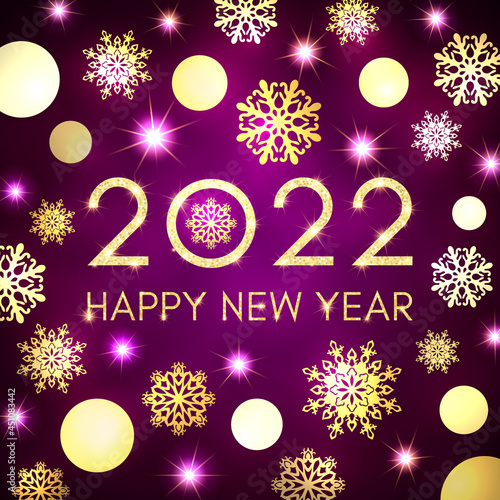 Happy New Year 2022 greeting card design on dark purple background. Gold texture glowing Christmas circle balls snowflakes stars. Golden New Year celebration banner. Holiday party vector illustration.