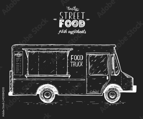 Food truck sketch vector illustration. Fast food design template. Engraved style.