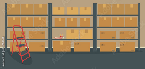 Warehouse or storeroom: racks with cardboard boxes and ladder.Cargo in packages, tape dispenser and folders on shelf, staircase.Place of work for storekeeper or warehouseman.Vector illustration