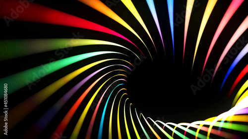 3d render. Abstract background with multicolor light streaks, light and bokeh effects. Neon lines made of particles form curve structure or twisted pattern. Spiral.