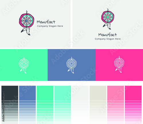 Bohemian style branding, dream catcher logo with coloring system and black and white versions