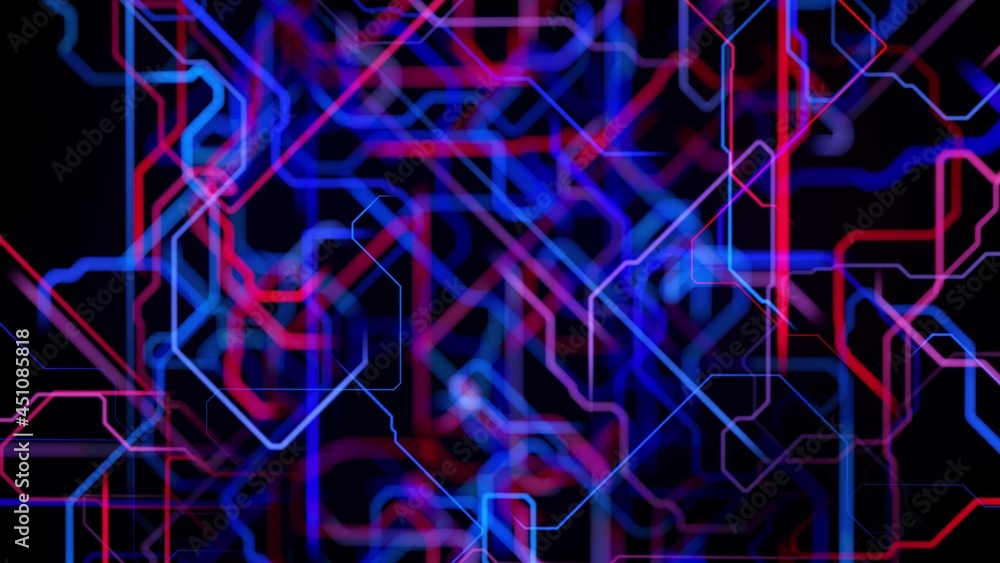 Motion graphics, sci-fi bg with flow of blue red neon glow lines form ...