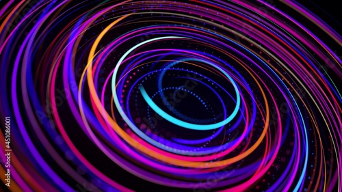 3d render. Light flow form ring structure. Light effect as abstract background with light trails, stream of multicolor neon lines in space form rings. Modern trendy motion design background.