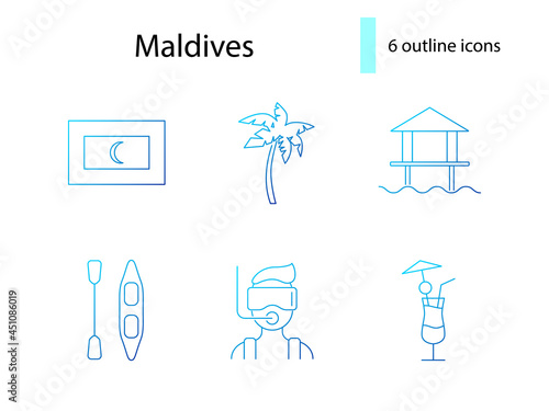 Maldives attractions outline icons set. Coctail and sup board. Palm. Tropical resort. Isolated vector illustration