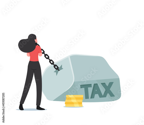 Heavy Burden, Loan Payment, Taxation Concept. Business Woman Character Pull Huge Stone Weight with Tax Inscription