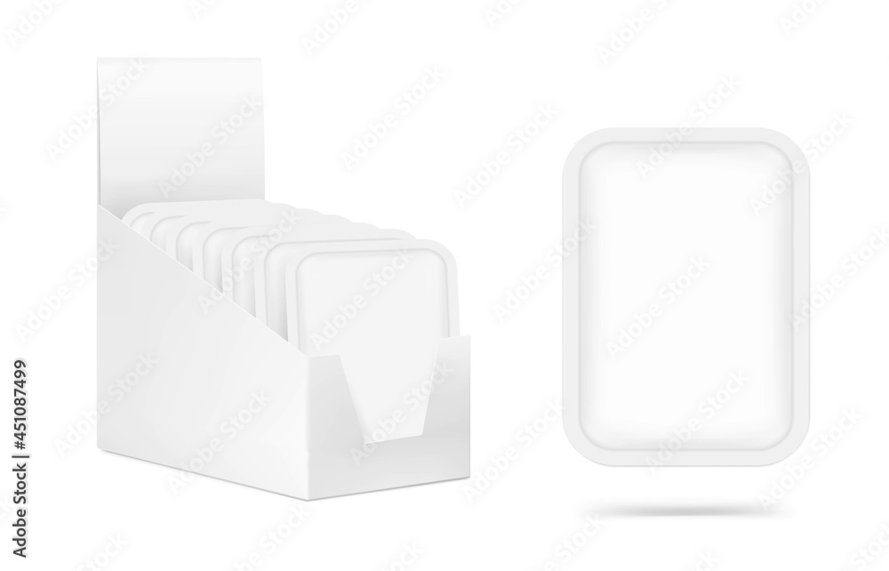 Show box with sachet packaging mockups for food, cosmetic and hygiene. Vector illustration on white background. Ready for your design. EPS10. Show box with sachet packaging mockups for food, cosmetic and hygiene. Vector illustration on white background. Ready for your design. EPS10.