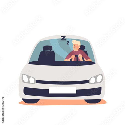 Sleepy tired man driving car feel drowsy. Danger driver sleeping at steering wheel