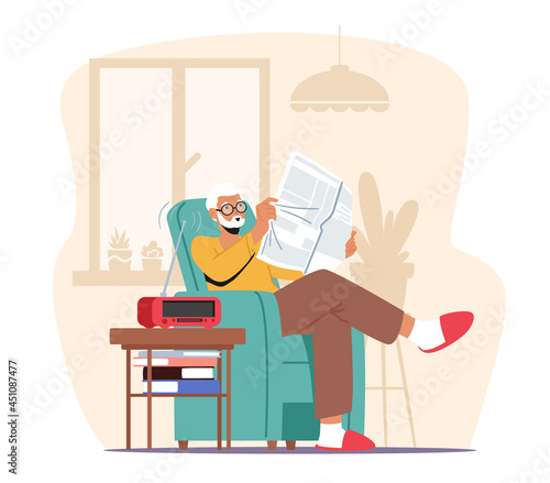 Aged Male Character Hobby, Relaxed Sparetime, Leisure in Nursing Home. Senior Grey Haired Man Reading Newspaper